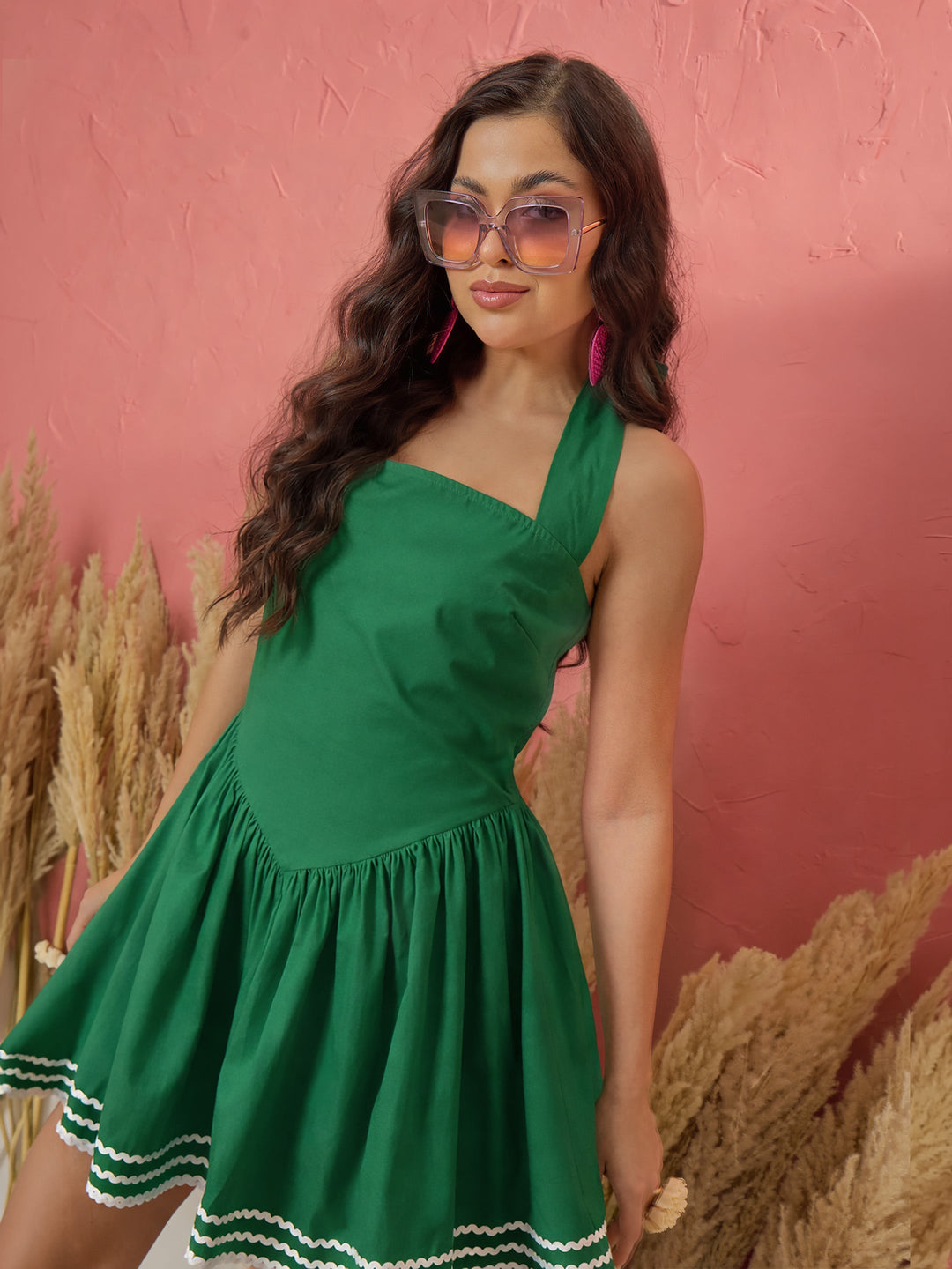 Green Ric Rac Low Waist Halter Neck Short Dress