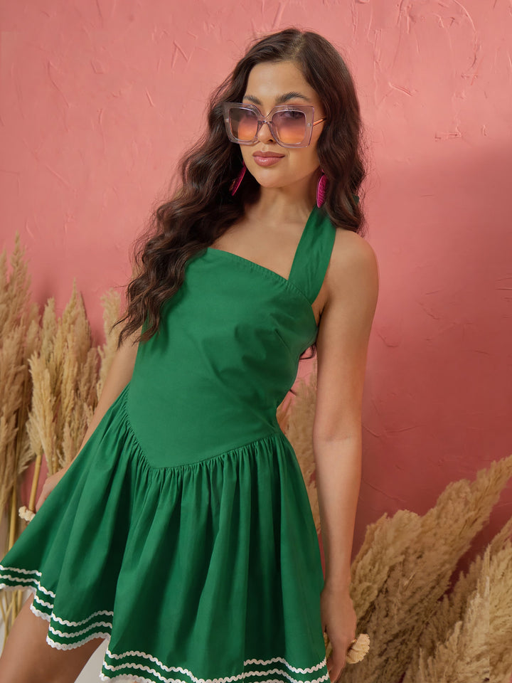 Green Ric Rac Low Waist Halter Neck Short Dress