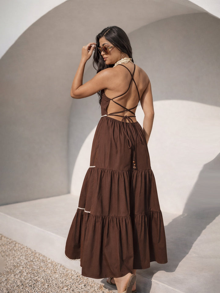 Brown Ric Rac Lace Back Less Tiered Maxi Dress
