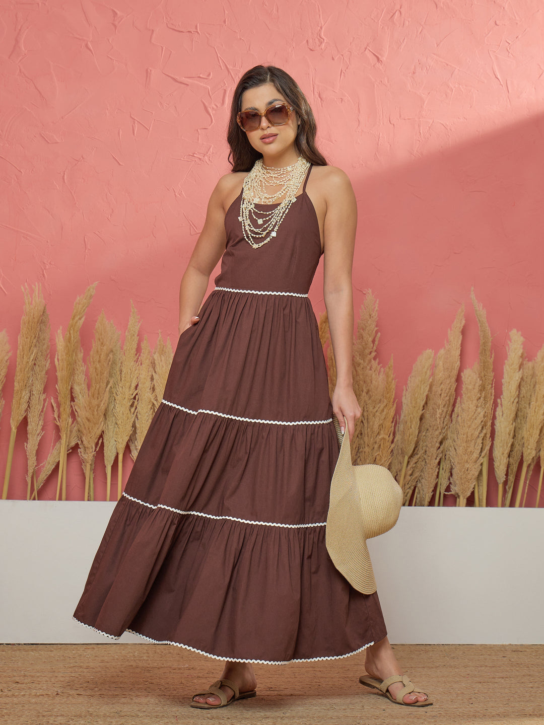 Brown Ric Rac Lace Back Less Tiered Maxi Dress