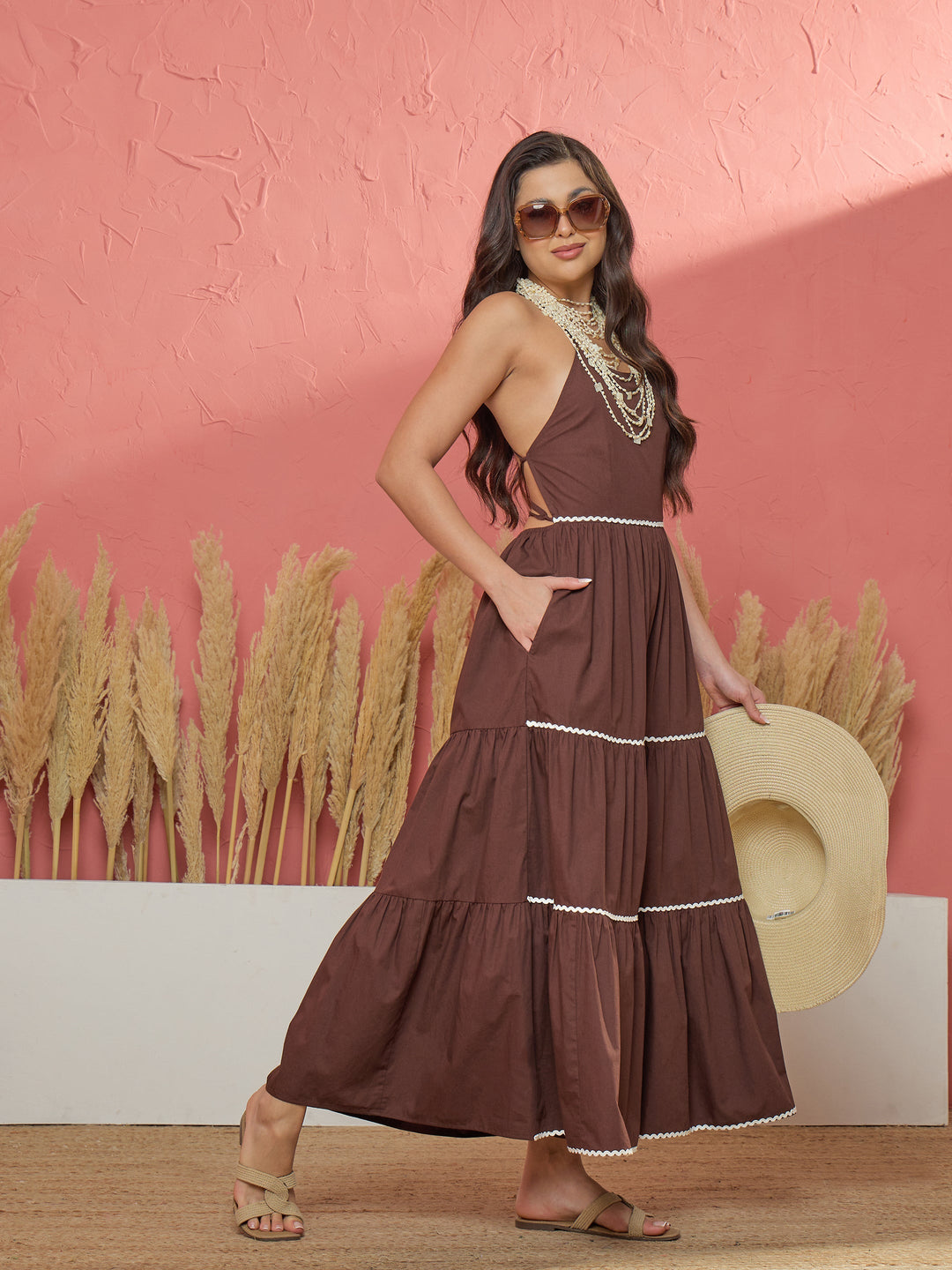 Brown Ric Rac Lace Back Less Tiered Maxi Dress