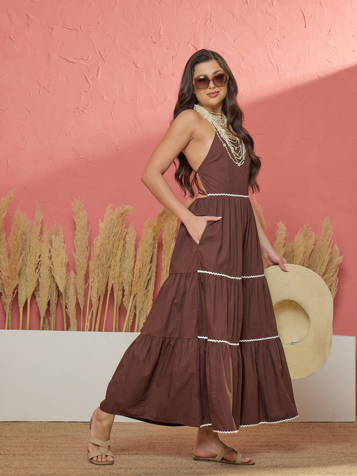 Brown Ric Rac Lace Back Less Tiered Maxi Dress