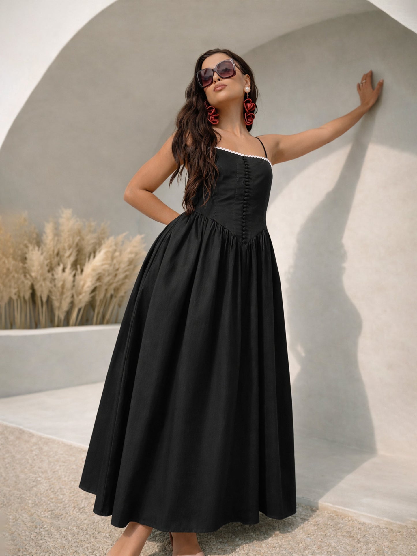 Black Ric Rac Low Waist Strappy Midi Dress