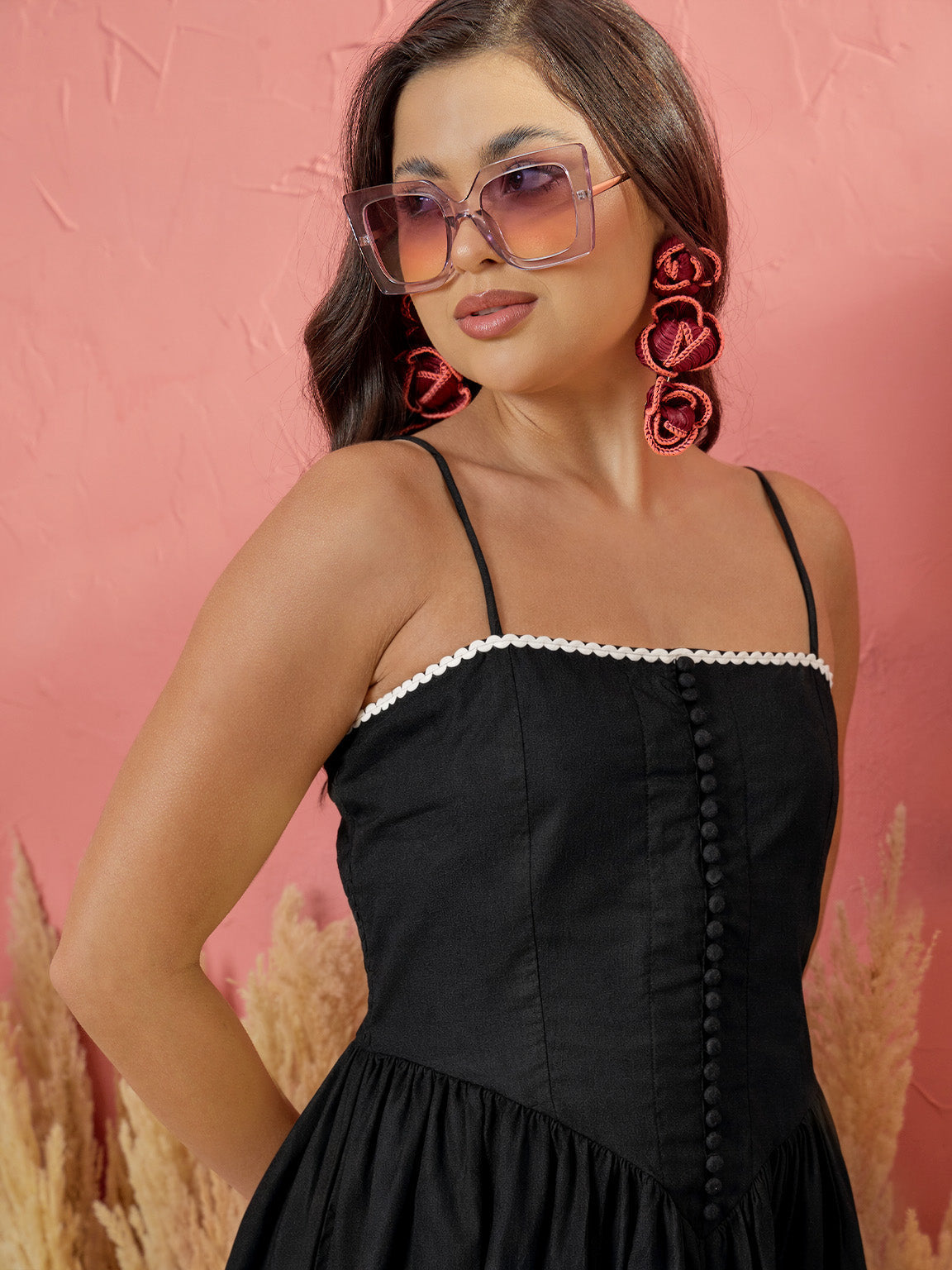 Black Ric Rac Low Waist Strappy Midi Dress