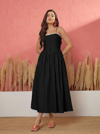 Black Ric Rac Low Waist Strappy Midi Dress