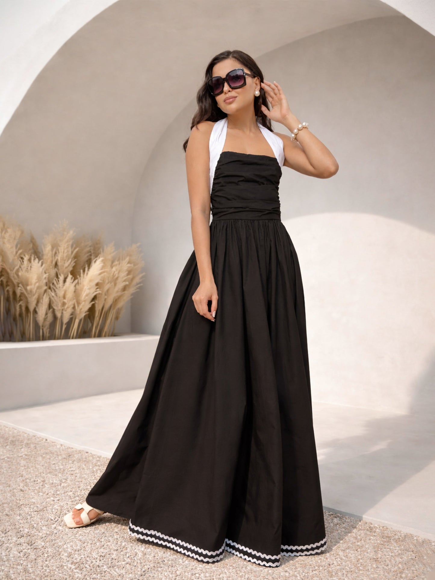 Black Ric Rac Contrast Back Tie Gathered Maxi Dress