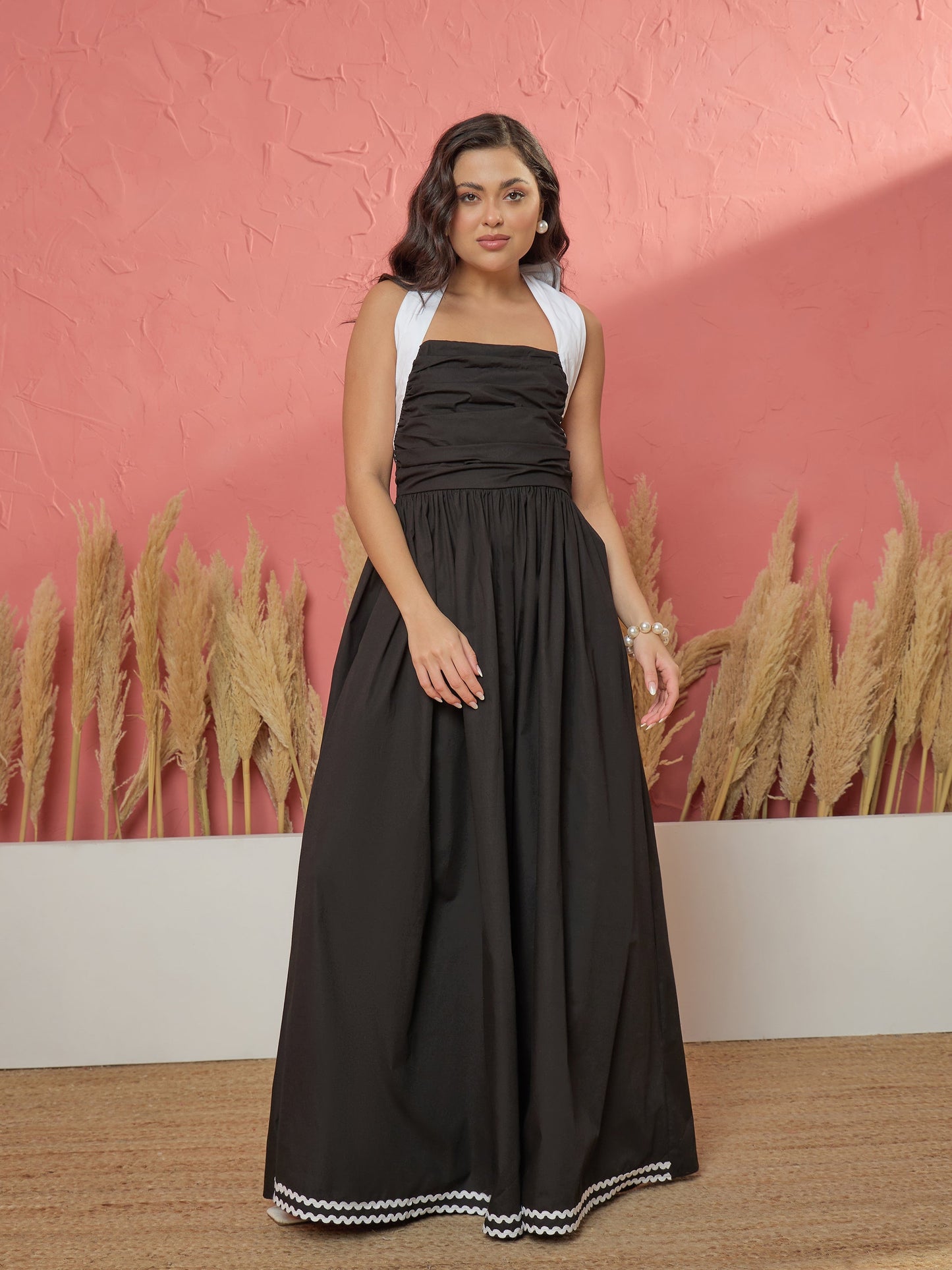 Black Ric Rac Contrast Back Tie Gathered Maxi Dress