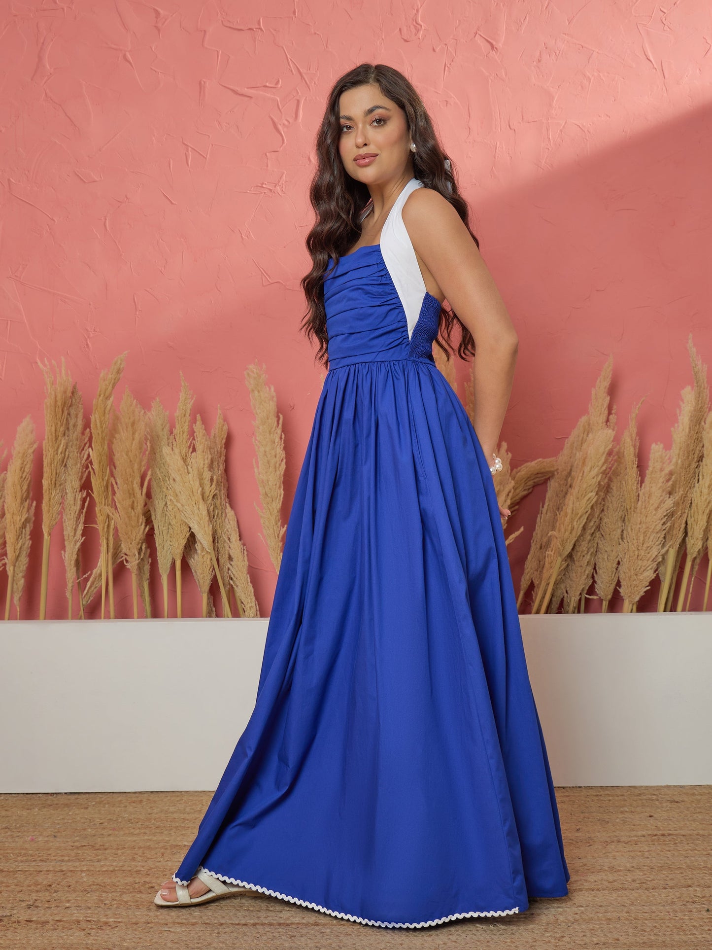 Royal Blue Ric Rac Contrast Back Tie Gathered Maxi Dress