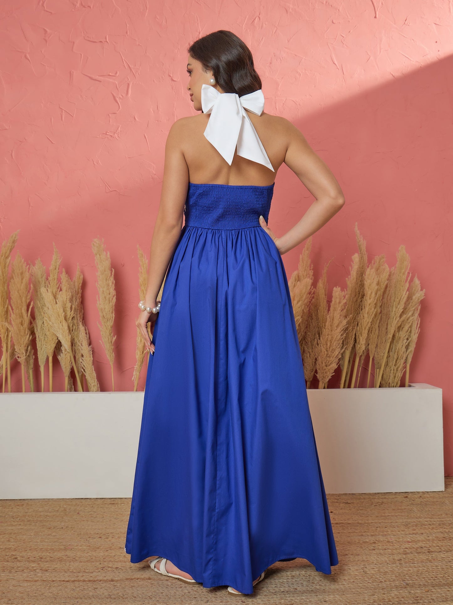Royal Blue Ric Rac Contrast Back Tie Gathered Maxi Dress