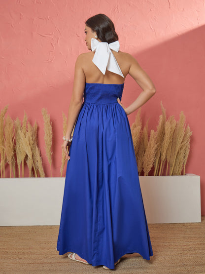 Royal Blue Ric Rac Contrast Back Tie Gathered Maxi Dress