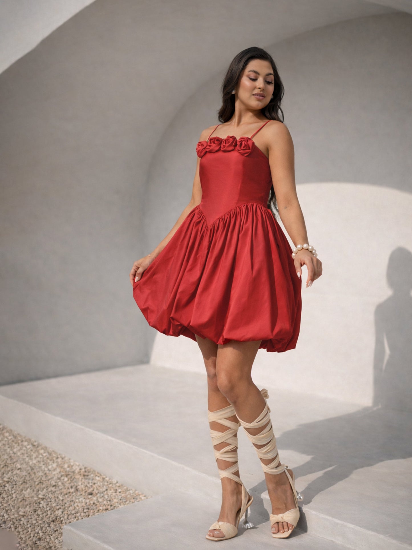 Red Front Corsage Low Waist Balloon Short Dress