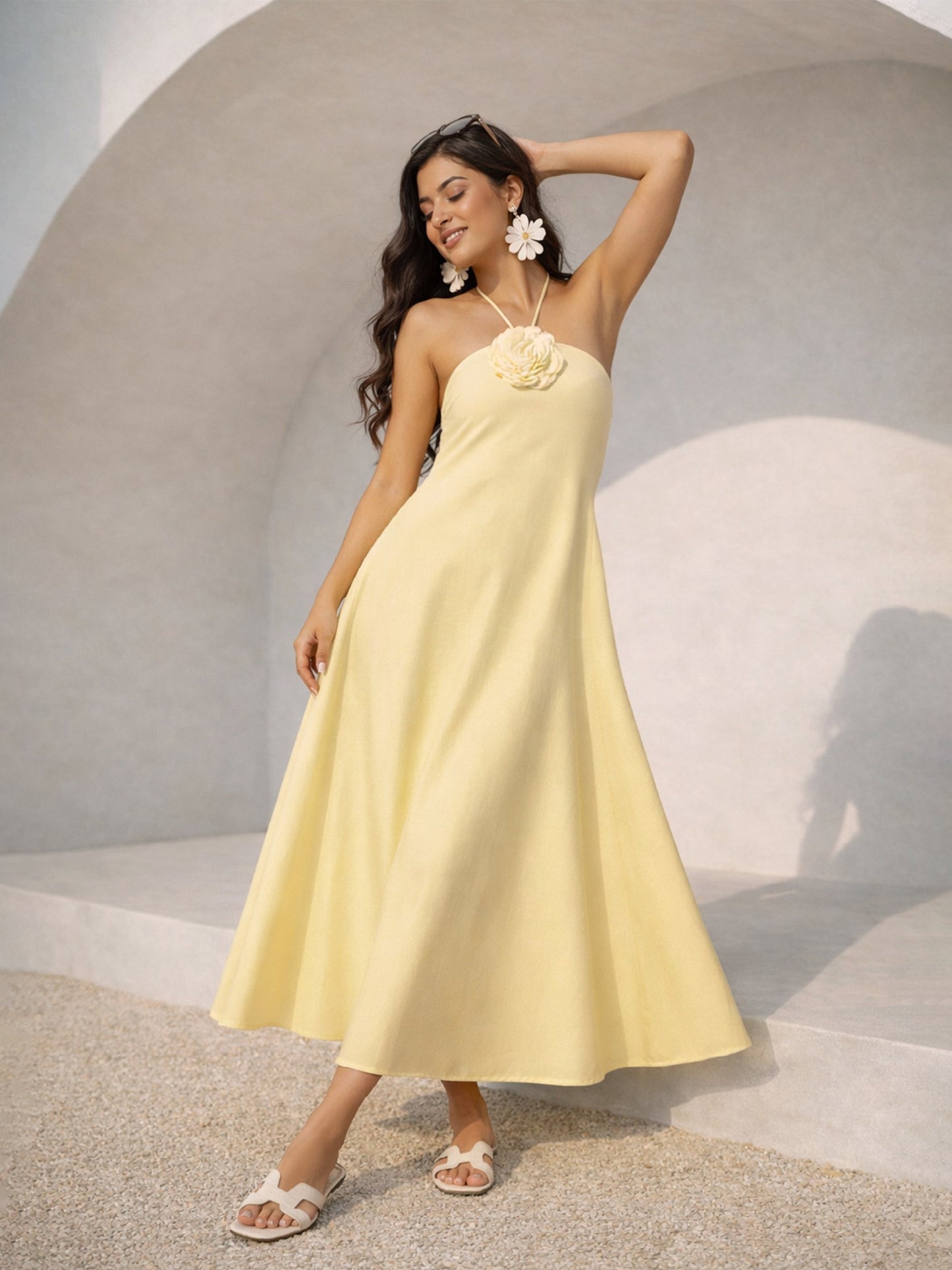 Yellow Front Corsage Halter Neck A-Line Midi Dress