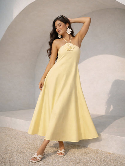 Yellow Front Corsage Halter Neck A-Line Midi Dress