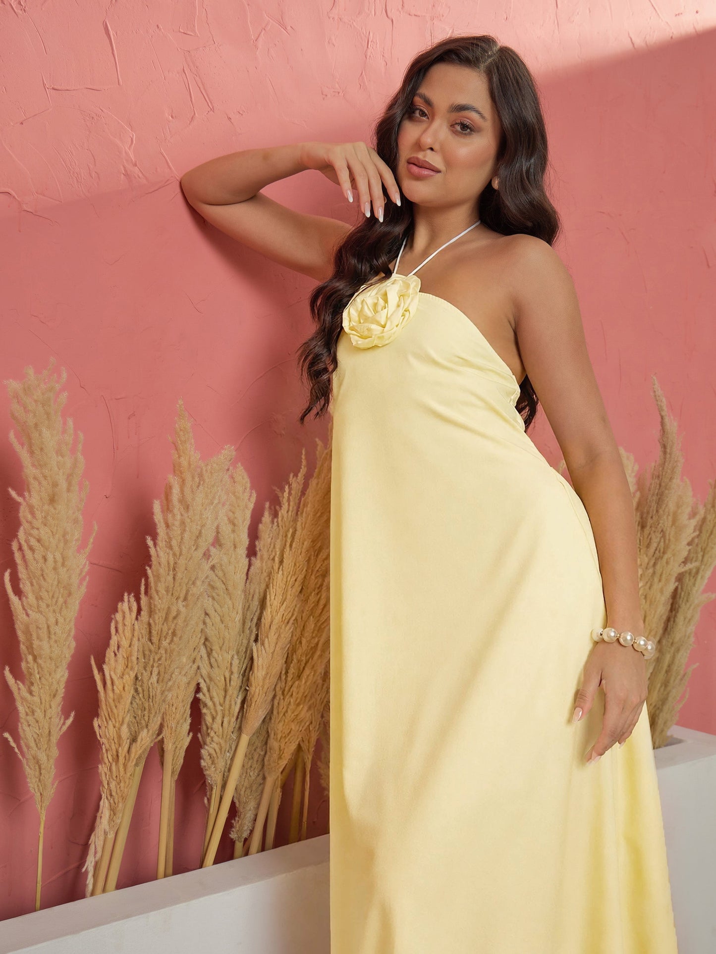 Yellow Front Corsage Halter Neck A-Line Midi Dress