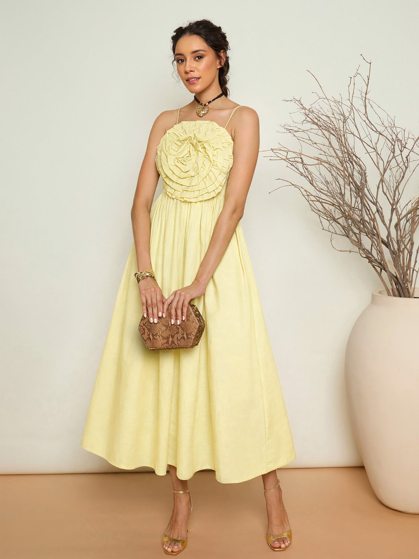 Yellow Poplin Front Corsage Strappy Maxi Dress