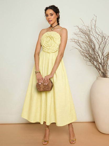 Yellow Poplin Front Corsage Strappy Maxi Dress