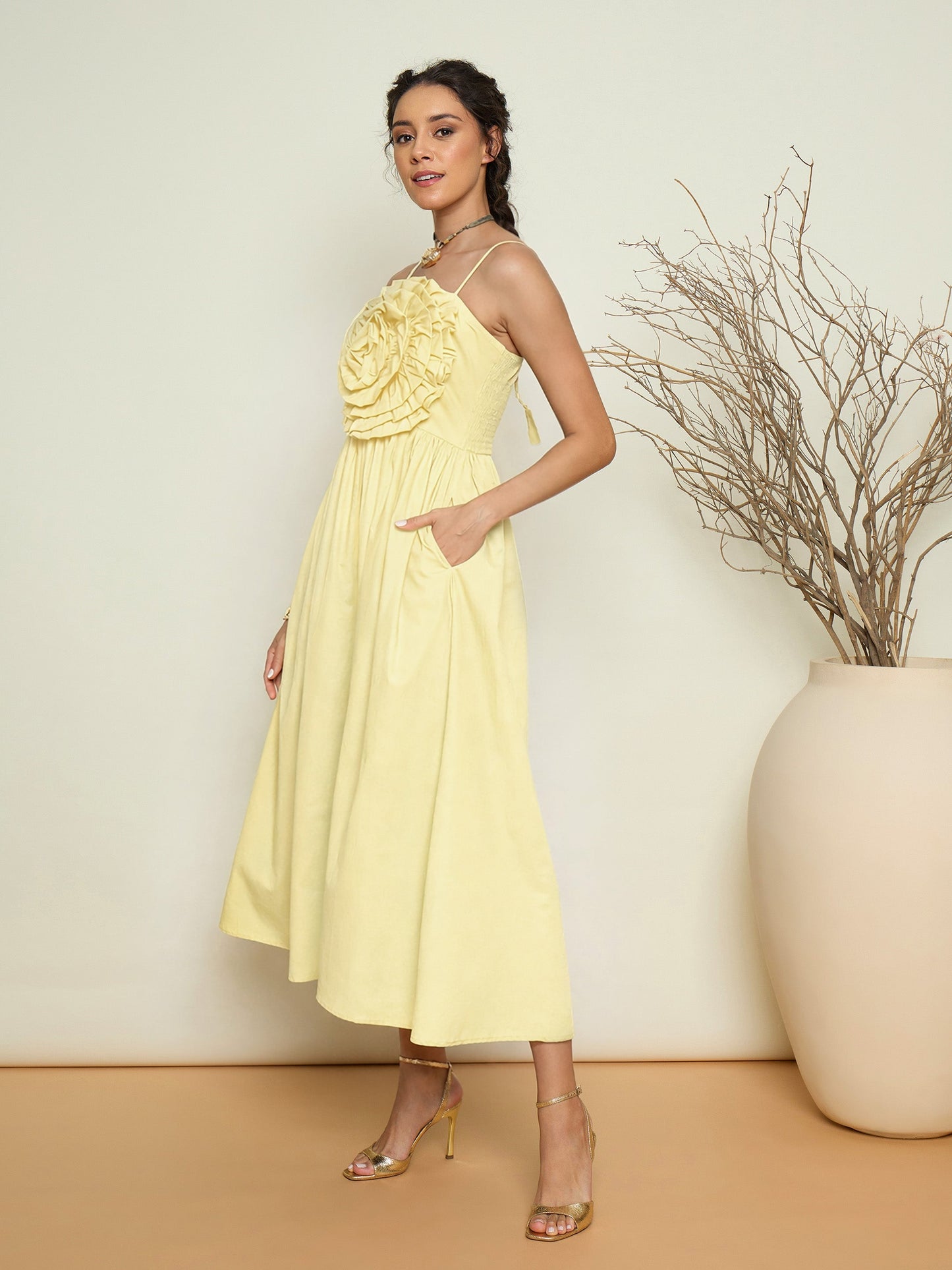Yellow Poplin Front Corsage Strappy Maxi Dress