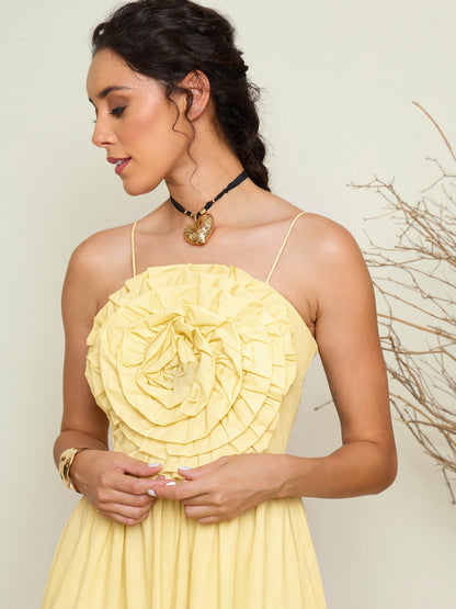 Yellow Poplin Front Corsage Strappy Maxi Dress