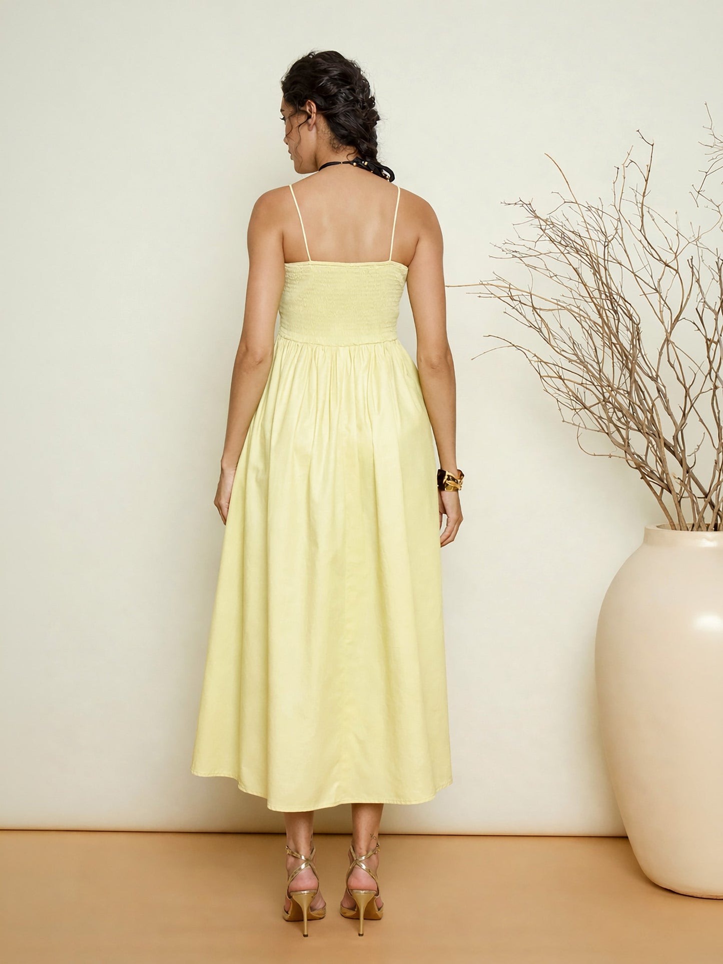 Yellow Poplin Front Corsage Strappy Maxi Dress