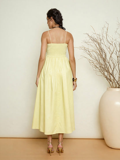 Yellow Poplin Front Corsage Strappy Maxi Dress