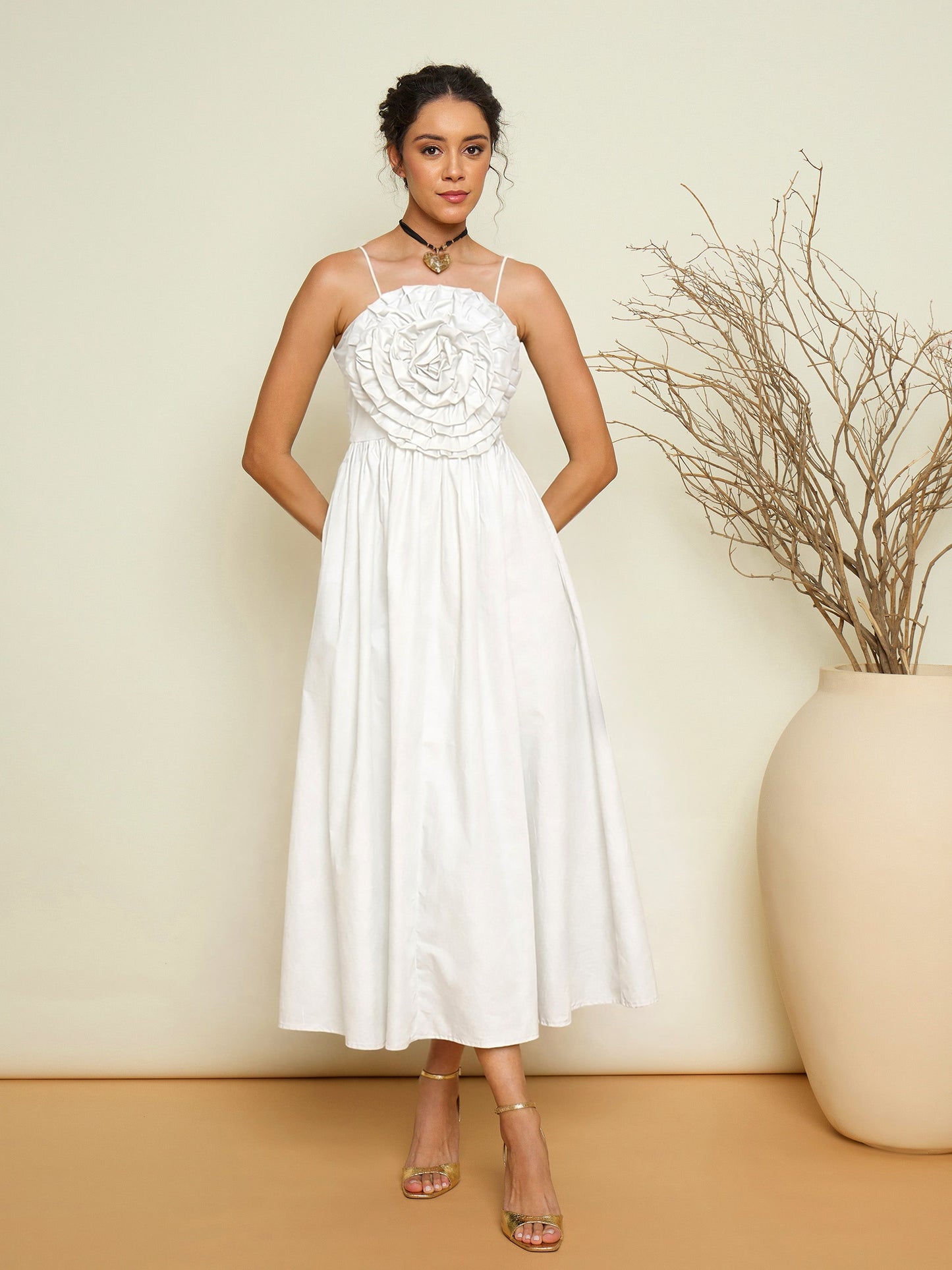 White Poplin Front Corsage Strappy Maxi Dress