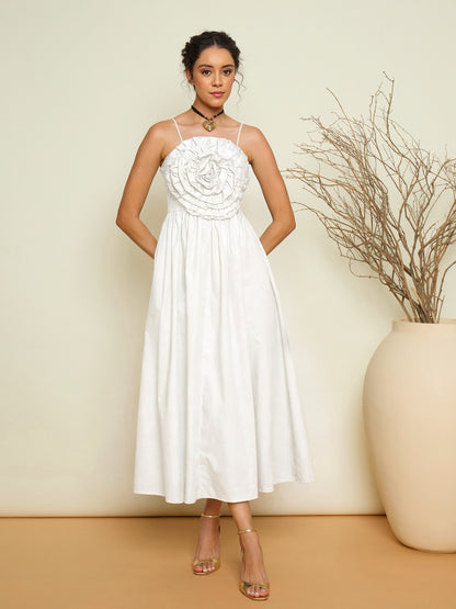 White Poplin Front Corsage Strappy Maxi Dress