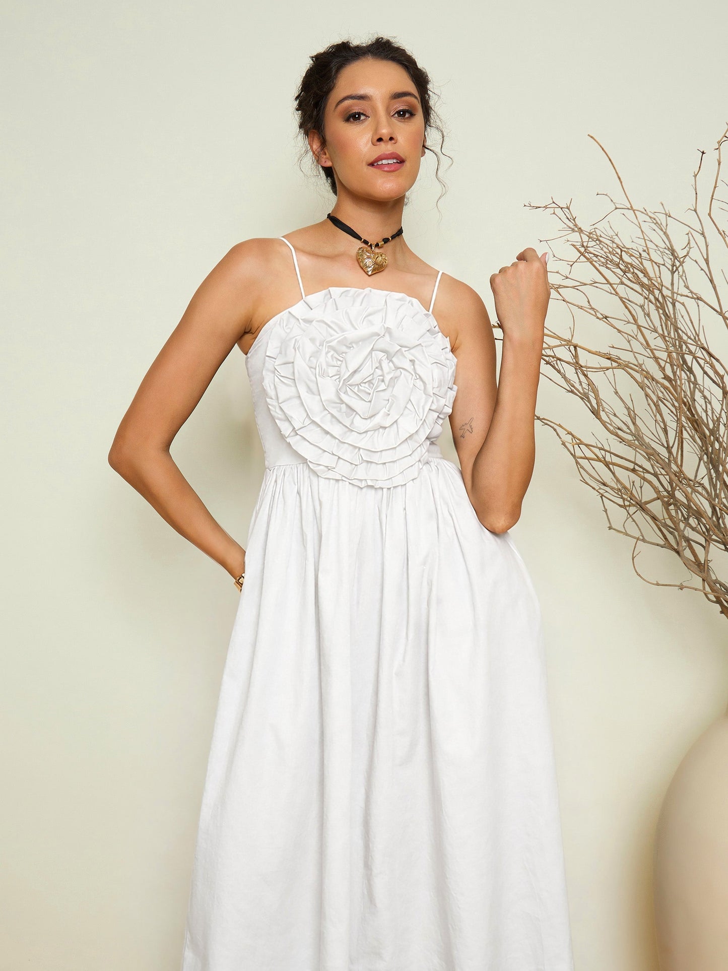 White Poplin Front Corsage Strappy Maxi Dress