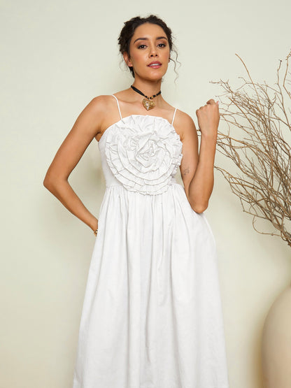 White Poplin Front Corsage Strappy Maxi Dress