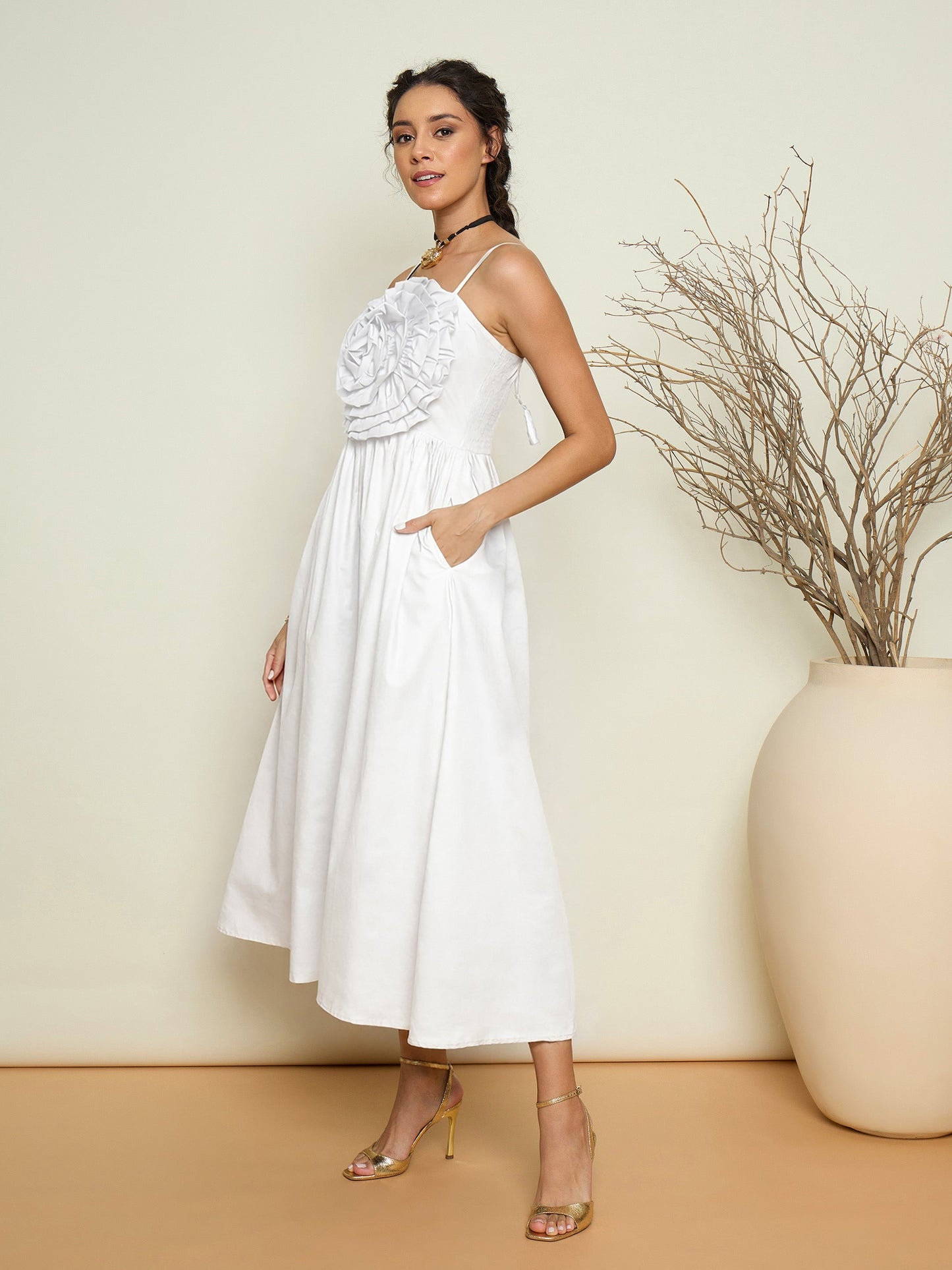 White Poplin Front Corsage Strappy Maxi Dress