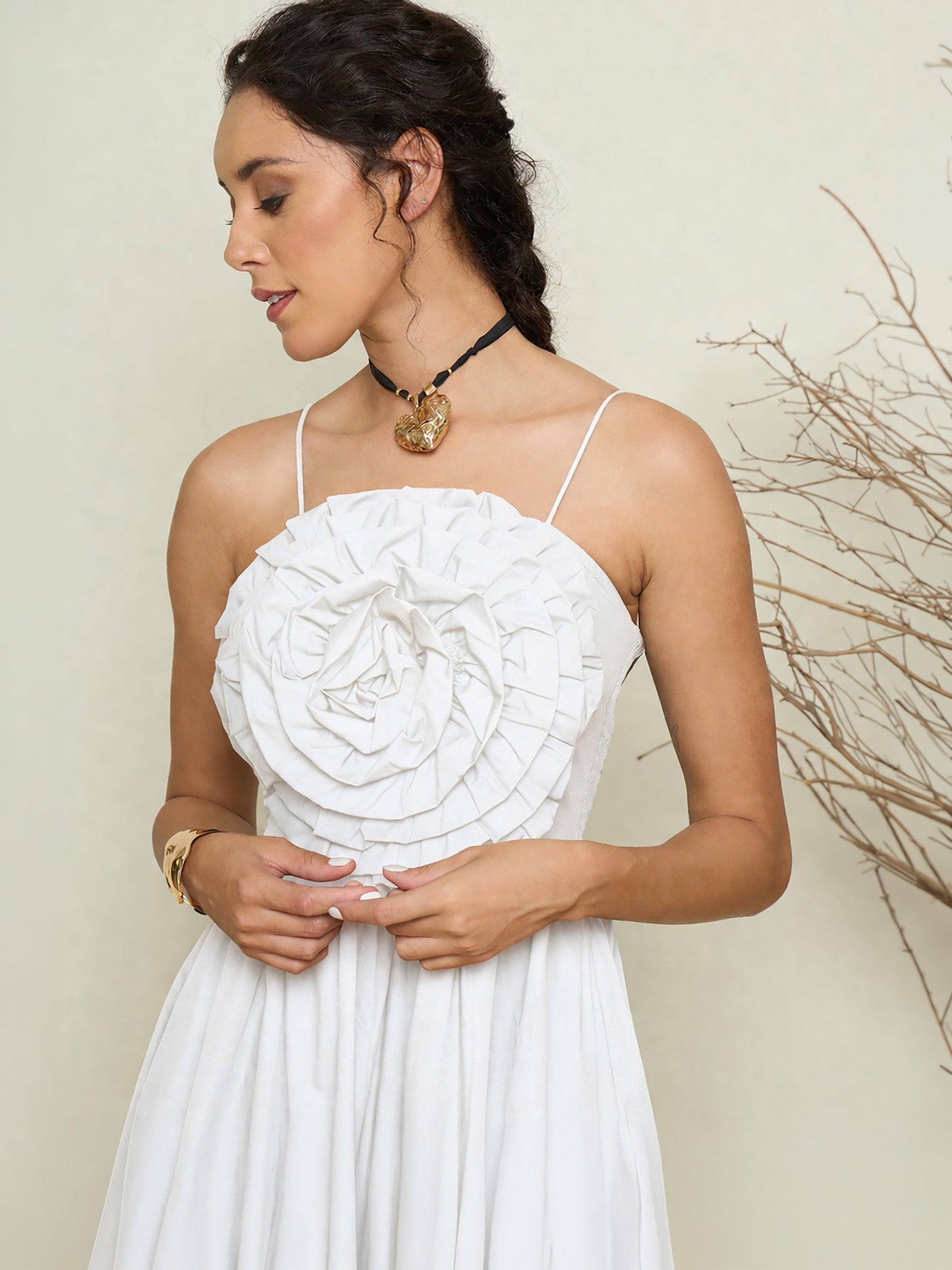 White Poplin Front Corsage Strappy Maxi Dress