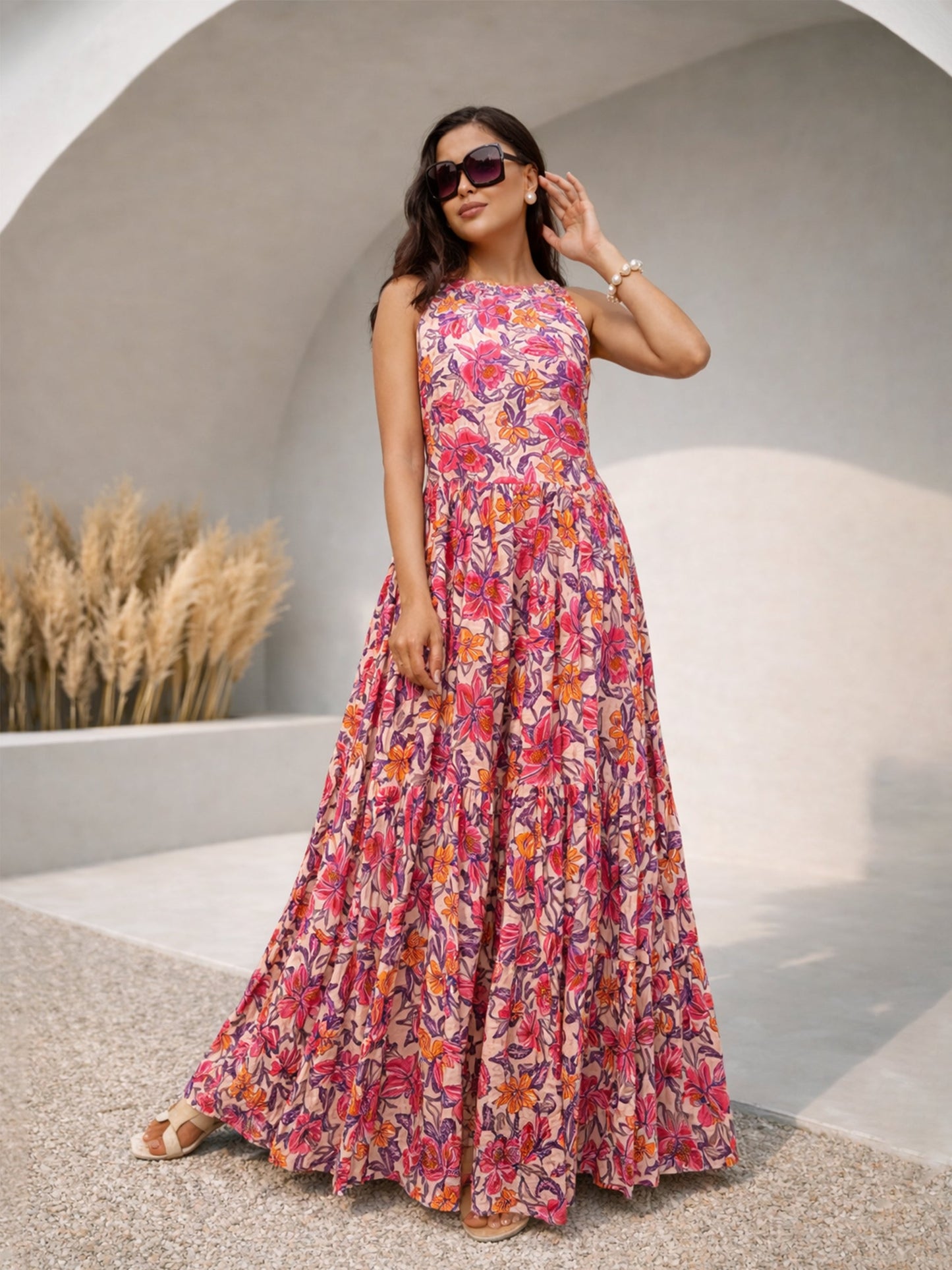 Pink Floral Crinkle Halter Neck Flared Hem Maxi Dress