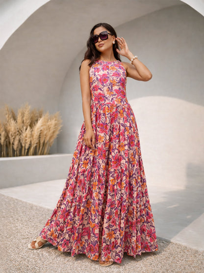 Pink Floral Crinkle Halter Neck Flared Hem Maxi Dress