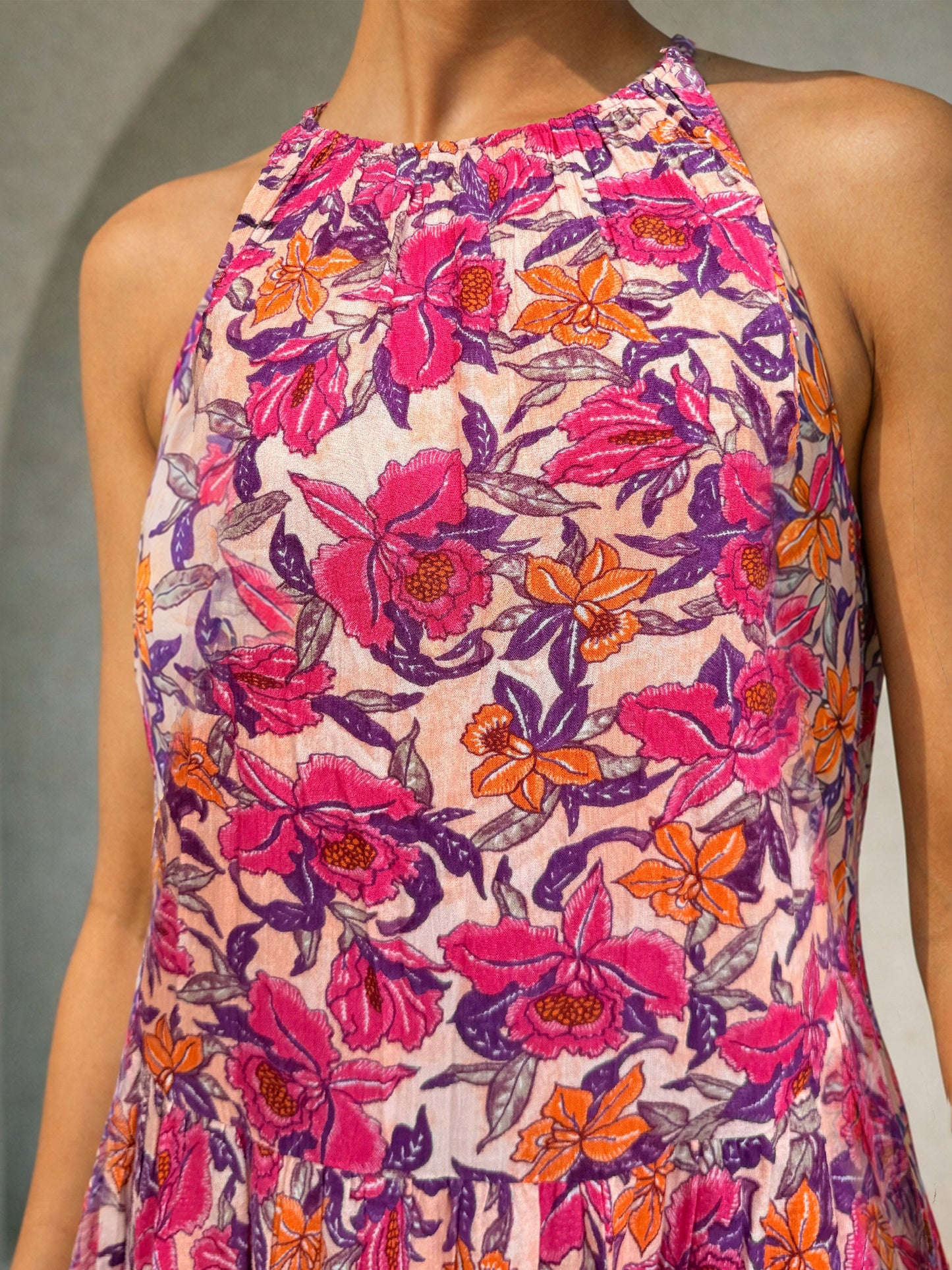 Pink Floral Crinkle Halter Neck Flared Hem Maxi Dress