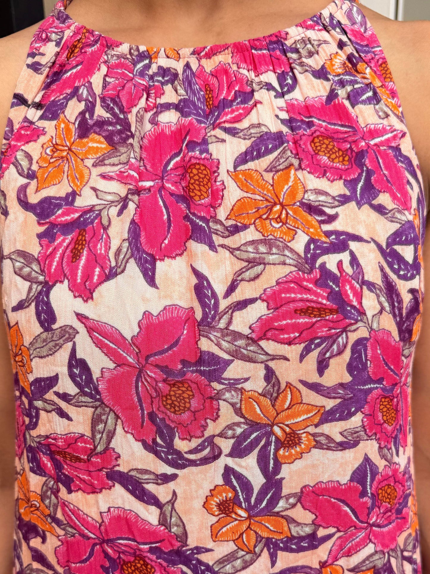 Pink Floral Crinkle Halter Neck Flared Hem Maxi Dress