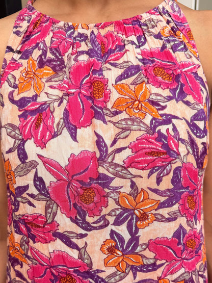 Pink Floral Crinkle Halter Neck Flared Hem Maxi Dress