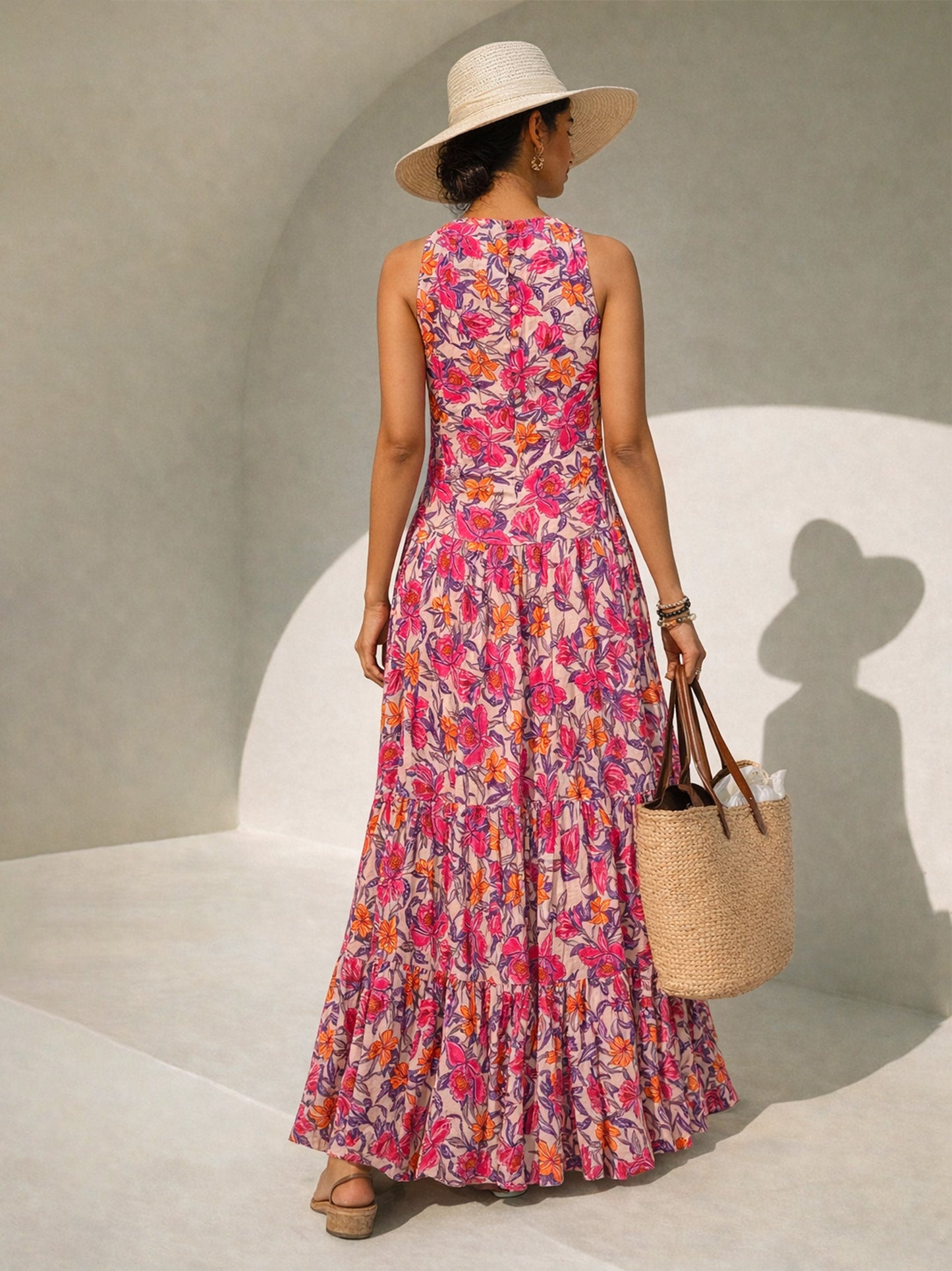 Pink Floral Crinkle Halter Neck Flared Hem Maxi Dress