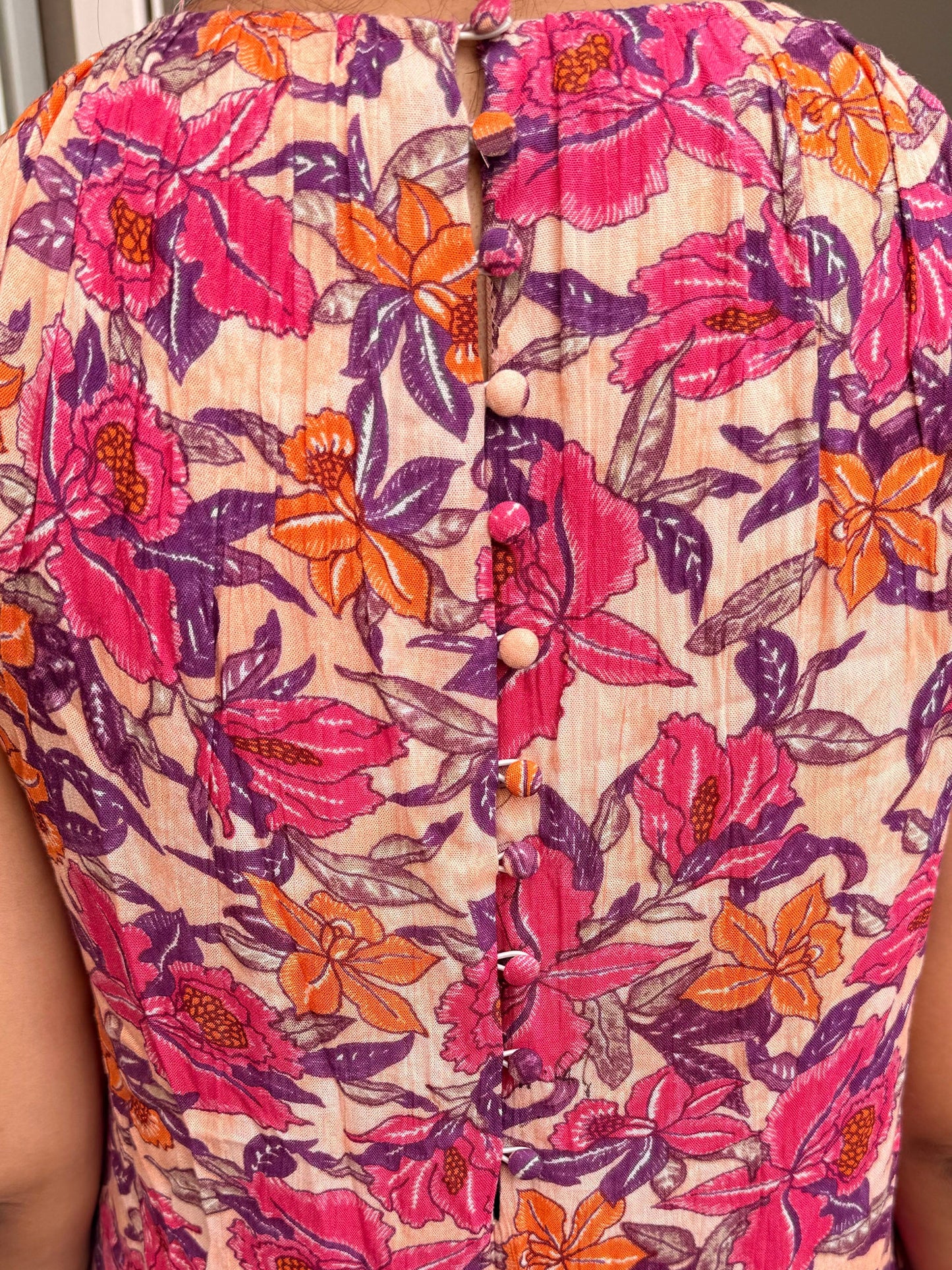 Pink Floral Crinkle Halter Neck Flared Hem Maxi Dress