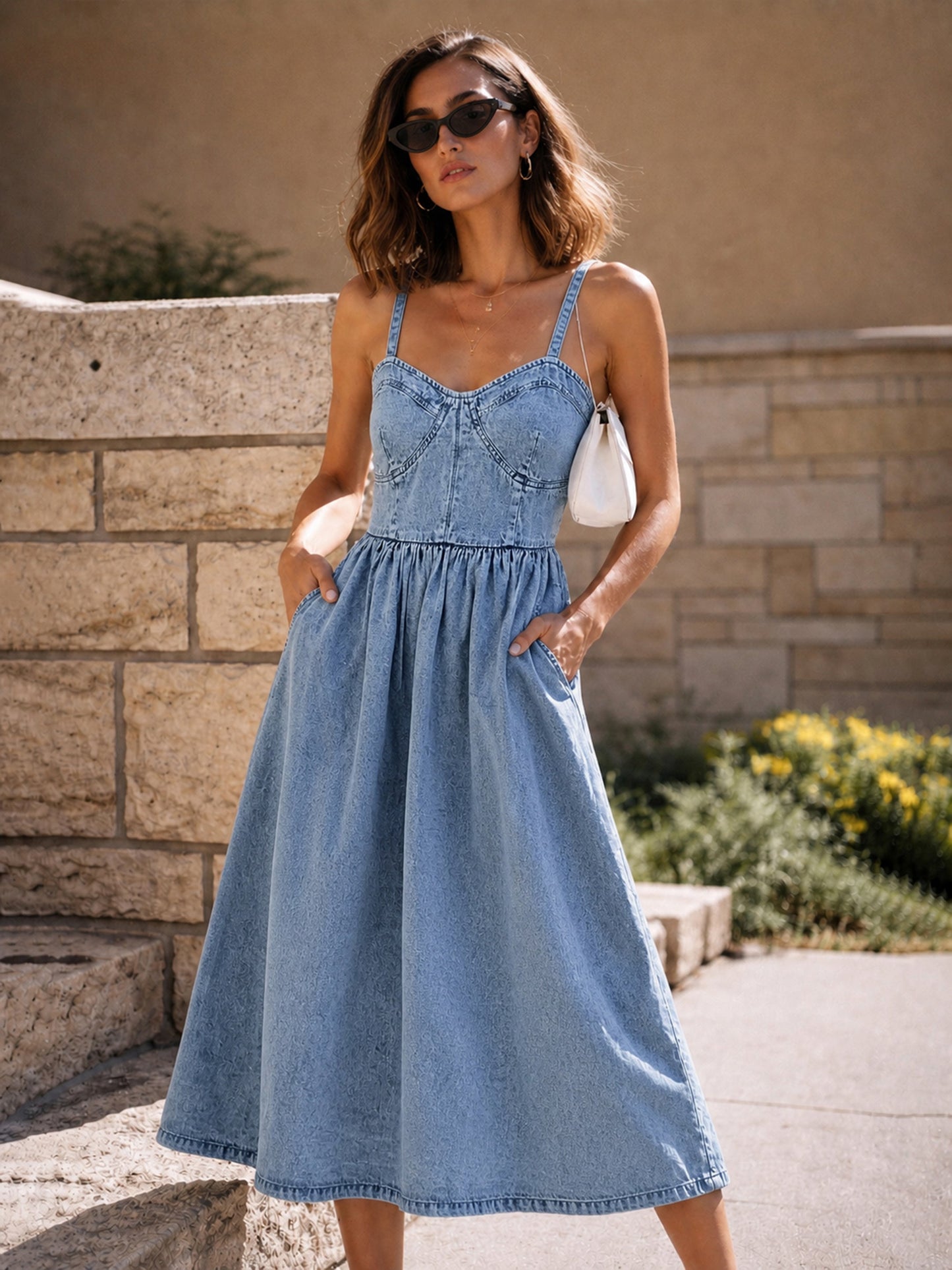 Light Blue Denim Strappy Midi Dress