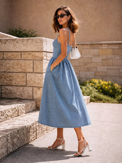 Light Blue Denim Strappy Midi Dress