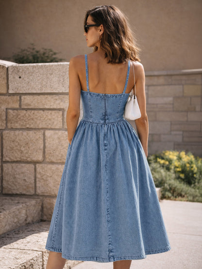 Light Blue Denim Strappy Midi Dress