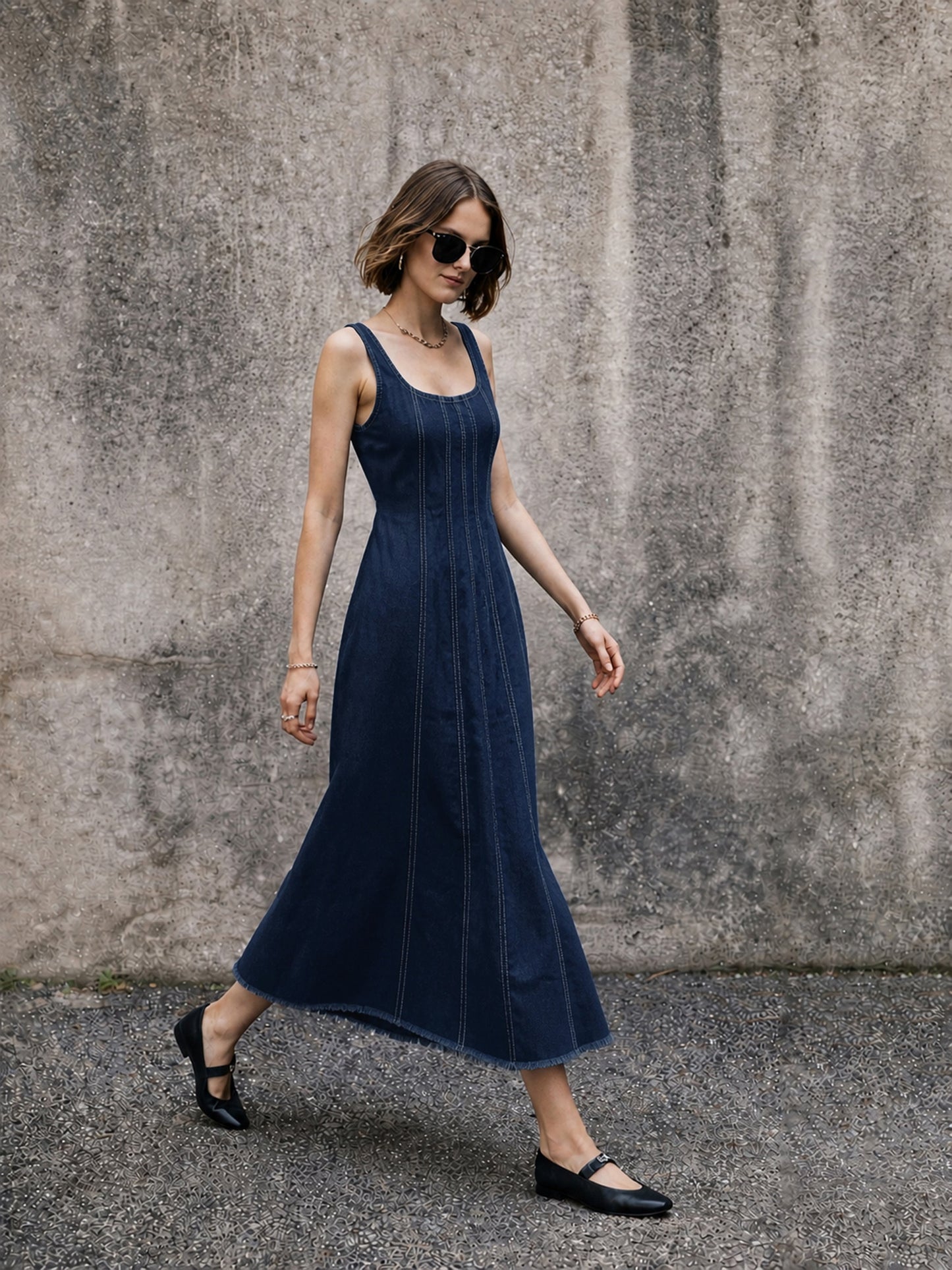 Navy Denim A-Line Midi Dress