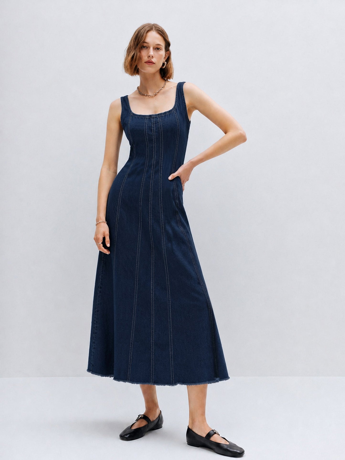 Navy Denim A-Line Midi Dress