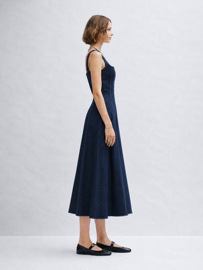 Navy Denim A-Line Midi Dress