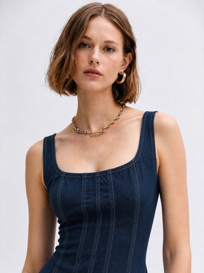 Navy Denim A-Line Midi Dress