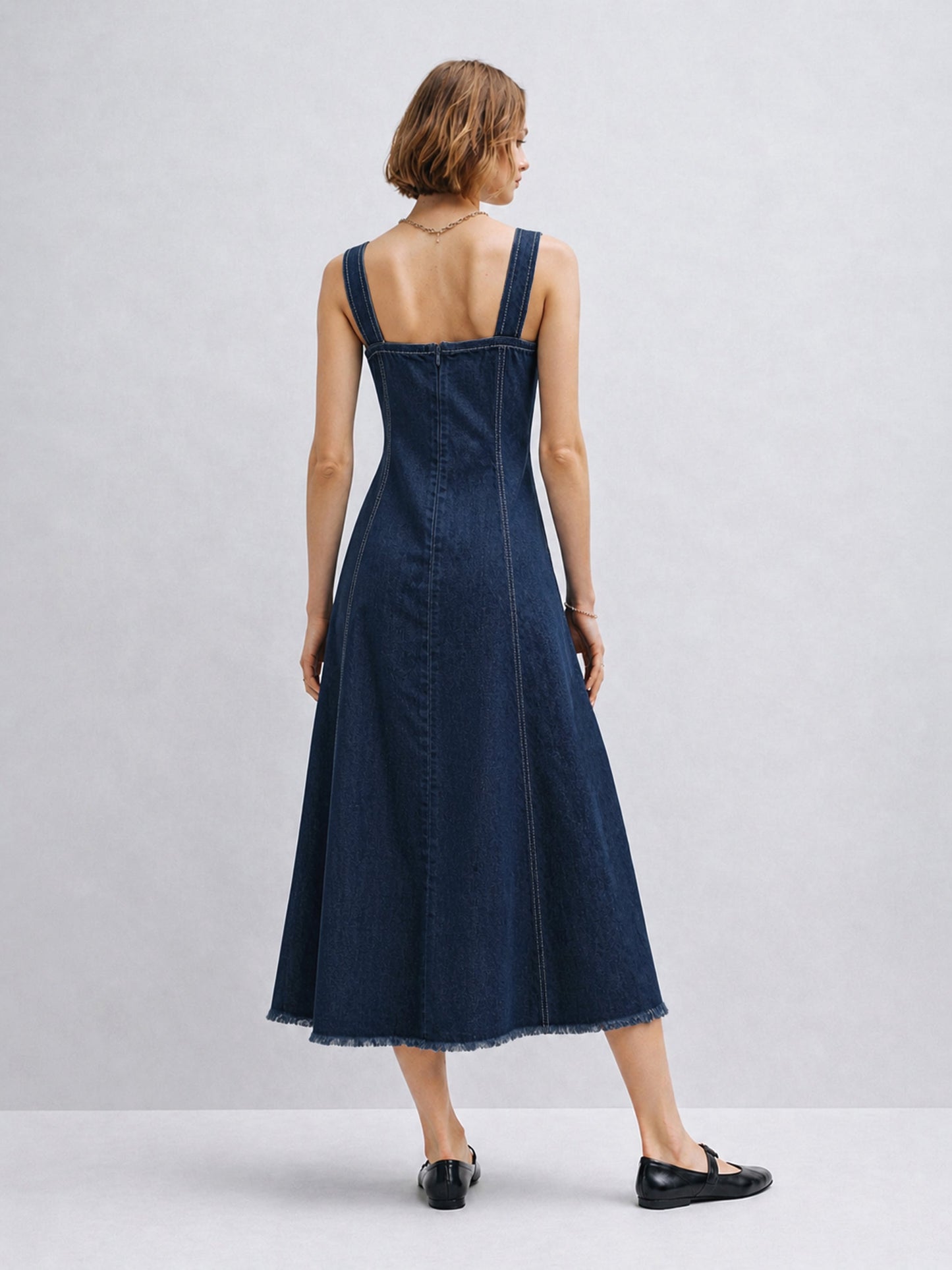 Navy Denim A-Line Midi Dress