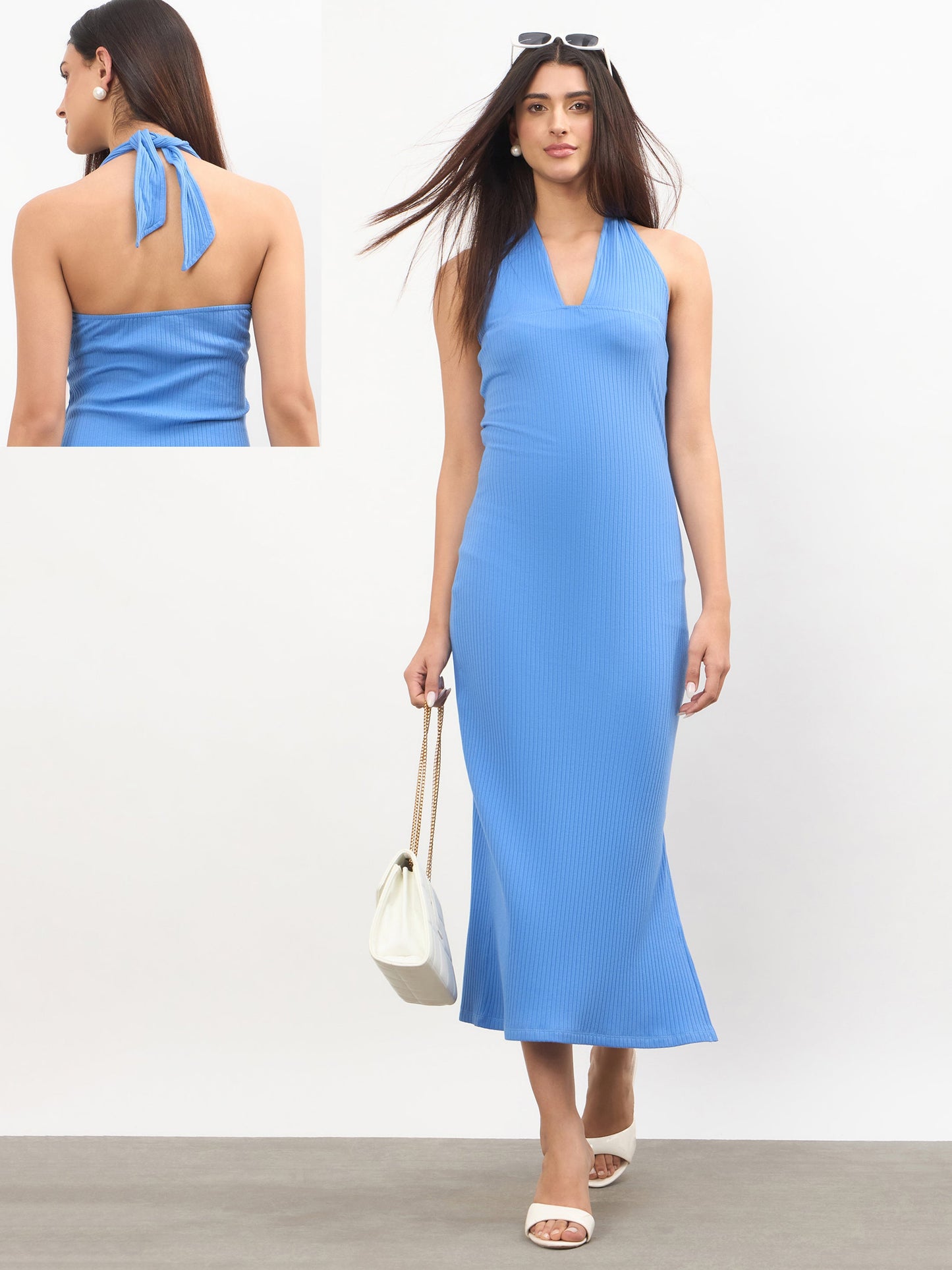 Blue Halter Neck Bodycon Midi Dress