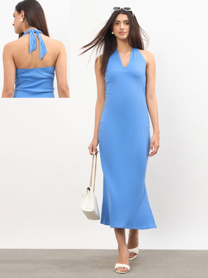 Blue Halter Neck Bodycon Midi Dress