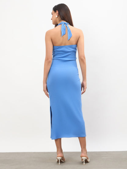 Blue Halter Neck Bodycon Midi Dress
