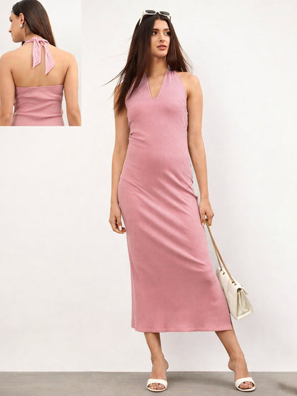 Pink Halter Neck Bodycon Midi Dress