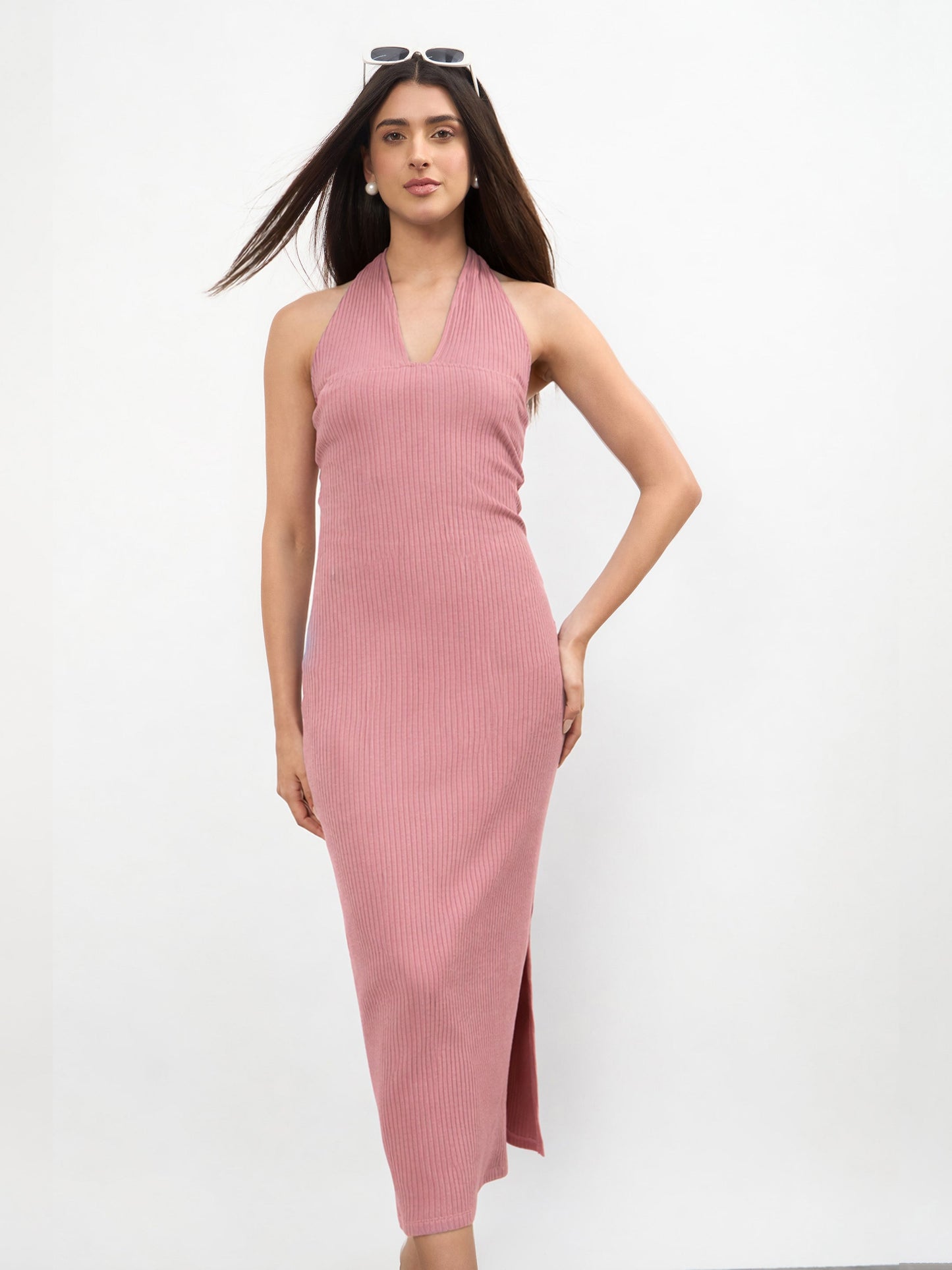 Pink Halter Neck Bodycon Midi Dress